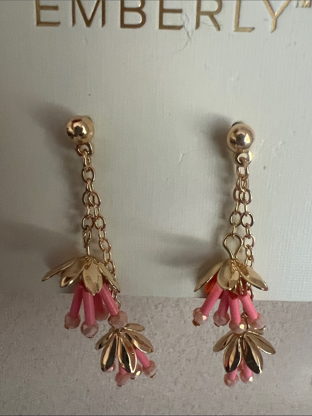 NWT Kohl's Gold-Tone Earrings with Pink Bead Floral Drops